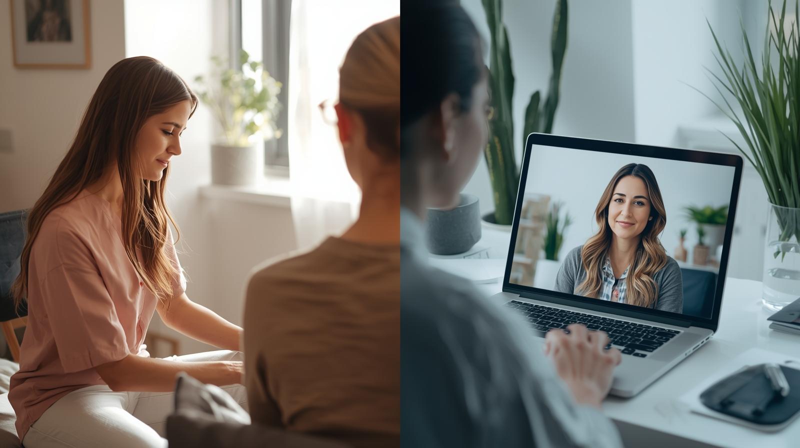 crea una imagen donde se fusionen dos imagines una de una persona en una sesión de terapias holísticas presencial y otra donde sea una terapia online